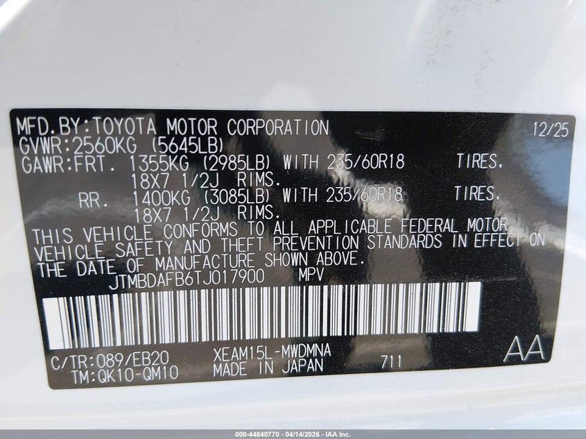 2026 Toyota Bz Xle VIN: JTMBDAFB6TJ017900 Lot: 44840770