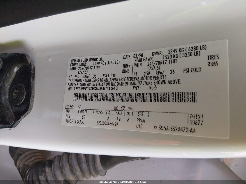 2020 FORD F-150 PICKUP 3.3L V-6 DI, DOHC, VVT, 290HP