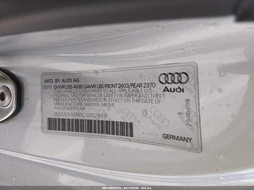 2012 Audi A5 2.0T Premium VIN: WAUCFAFR0CA002849 Lot: 44840783