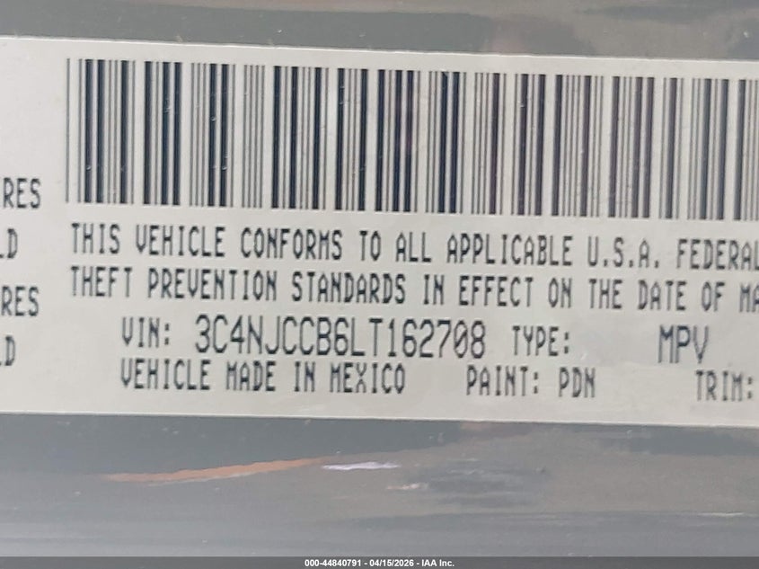 2020 Jeep Compass Limited Fwd VIN: 3C4NJCCB6LT162708 Lot: 44840791