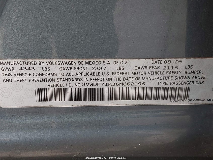 2006 Volkswagen Jetta 2.5 VIN: 3VWDF71K36M662196 Lot: 44840798