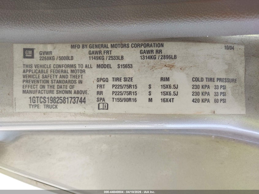 2005 GMC Canyon Sl VIN: 1GTCS198258173744 Lot: 44840804