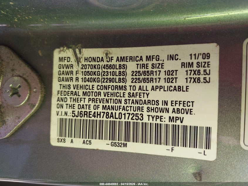 2010 Honda Cr-V Ex-L VIN: 5J6RE4H78AL017253 Lot: 44840883
