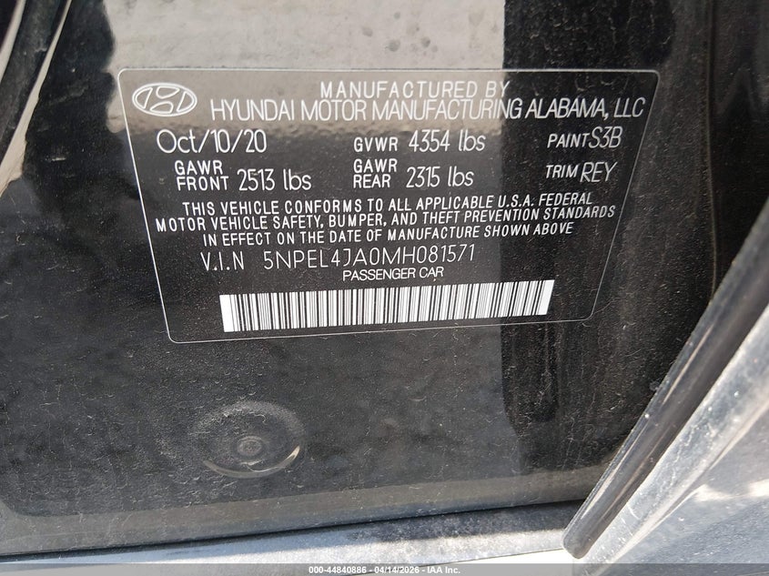 2021 Hyundai Sonata Sel VIN: 5NPEL4JA0MH081571 Lot: 44840886