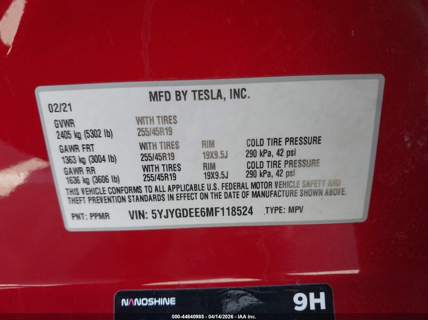 2021 Tesla Model Y Long Range Dual Motor All-Wheel Drive VIN: 5YJYGDEE6MF118524 Lot: 44840985