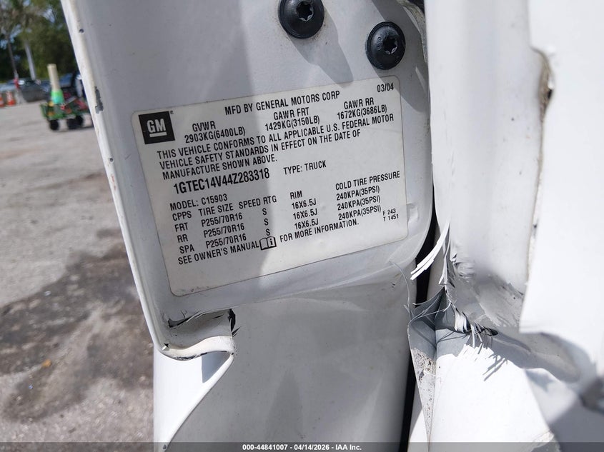 2004 GMC Sierra 1500 Work Truck VIN: 1GTEC14V44Z283318 Lot: 44841007