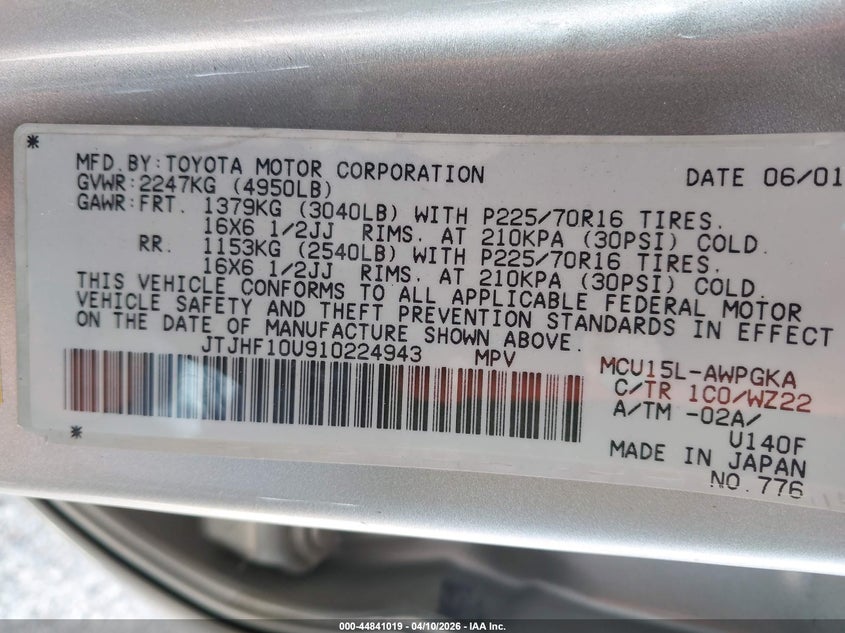 2001 Lexus Rx 300 VIN: JTJHF10U910224943 Lot: 44841019