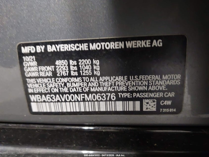 2022 BMW 430I Gran Coupe VIN: WBA63AV00NFM06376 Lot: 44841033