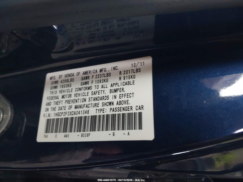 2012 Honda Accord 2.4 2.4 Lx blue Lot 111044841070 Vin 1HGCP2F3XCA041046