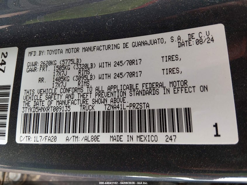 VIN 3TYKD5HNXRT009135 2024 TOYOTA TACOMA SR