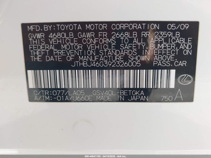 2009 Lexus Es 350 VIN: JTHBJ46G392326005 Lot: 44841108