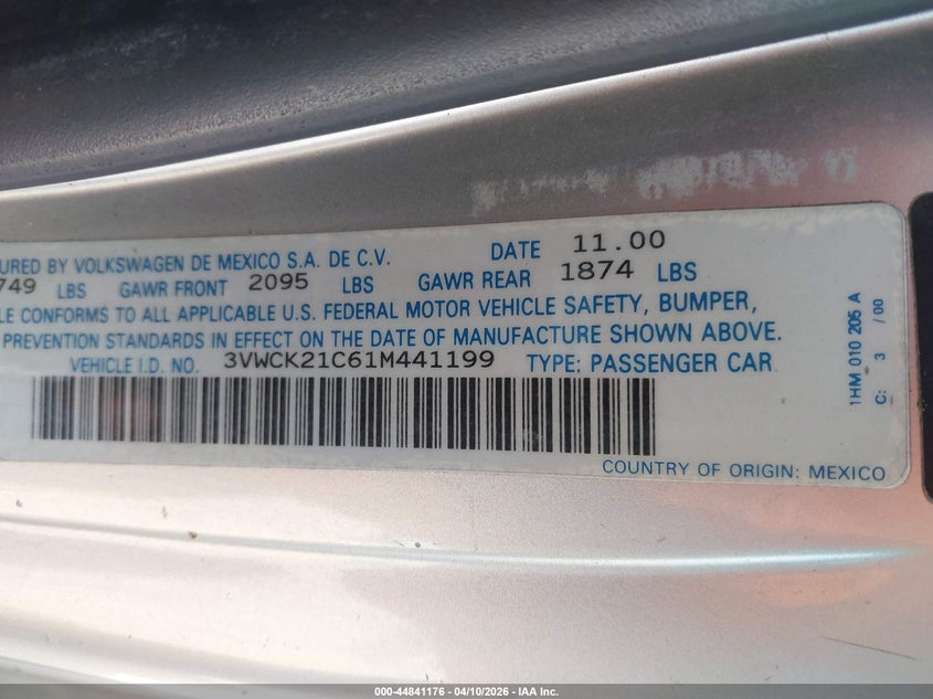 2001 Volkswagen New Beetle Gls VIN: 3VWCK21C61M441199 Lot: 44841176