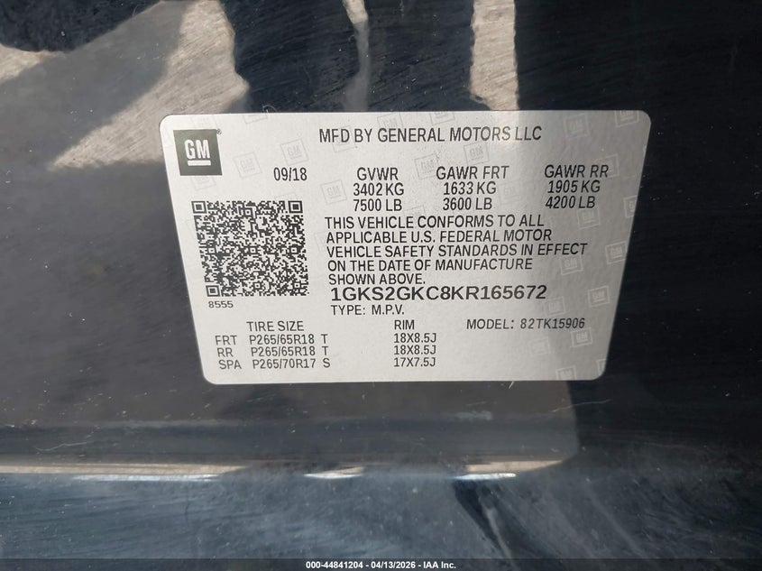 2019 GMC Yukon Xl Slt VIN: 1GKS2GKC8KR165672 Lot: 44841204