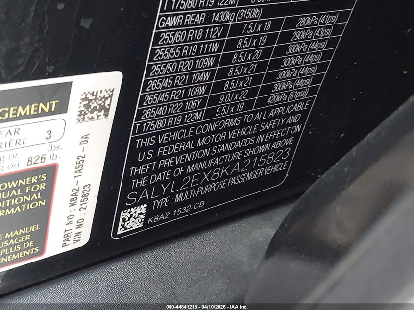 2019 Land Rover Range Rover Velar P250 R-Dynamic Se VIN: SALYL2EX8KA215823 Lot: 44841218