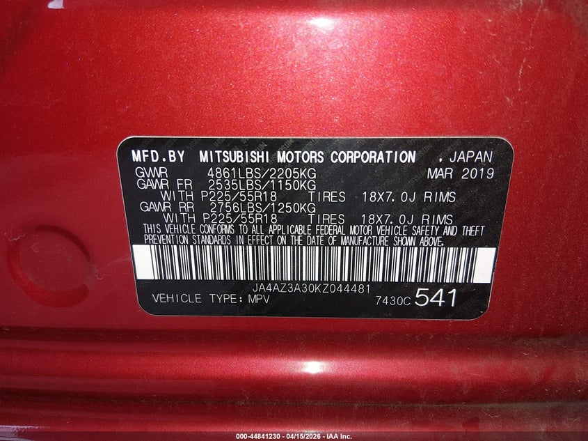 2019 Mitsubishi Outlander Se VIN: JA4AZ3A30KZ044481 Lot: 44841230