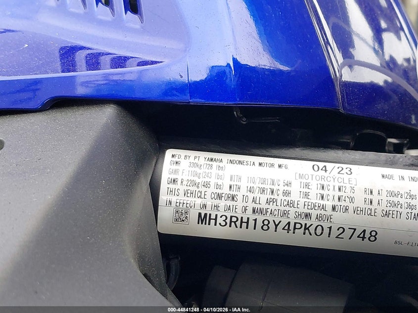 2023 Yamaha Yzfr3 A VIN: MH3RH18Y4PK012748 Lot: 44841248