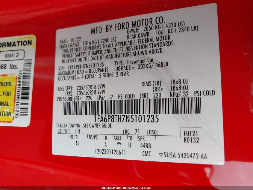 2022 Ford Mustang 2.3 Ecoboost Premium Fastback red Lot 111044841289 Vin 1FA6P8TH7N5101235
