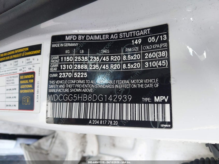 2013 Mercedes-Benz Glk 350 VIN: WDCGG5HB8DG142939 Lot: 44841319