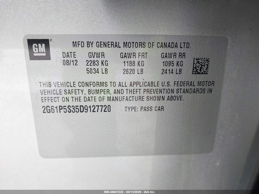 2013 Cadillac Xts Luxury VIN: 2G61P5S35D9127720 Lot: 44841322