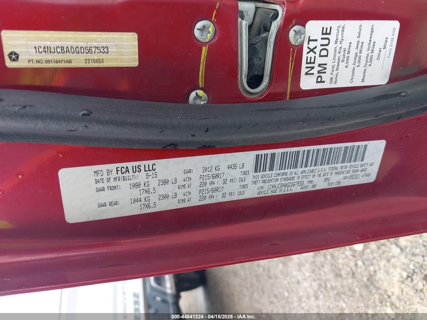 2016 Jeep Compass Sport VIN: 1C4NJCBA0GD567533 Lot: 44841324