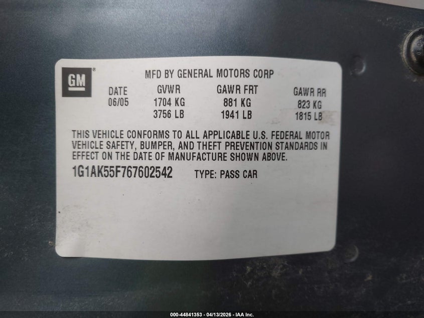 2006 Chevrolet Cobalt Ls VIN: 1G1AK55F767602542 Lot: 44841353