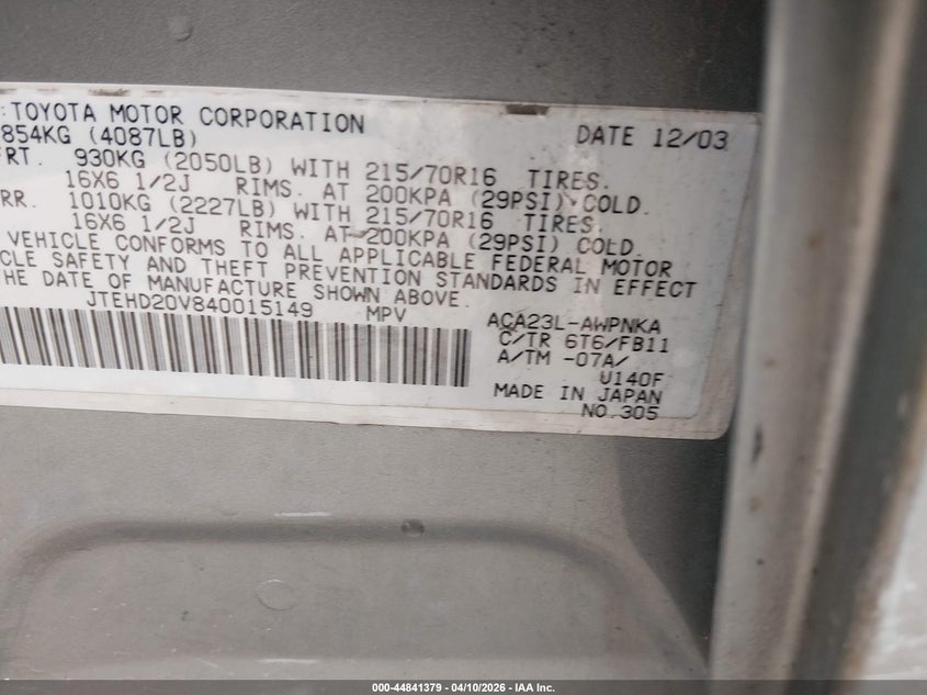 2004 Toyota Rav4 VIN: JTEHD20V840015149 Lot: 44841379
