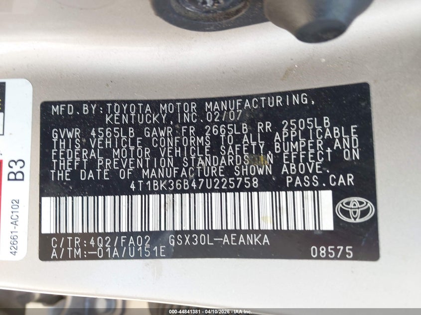 2007 Toyota Avalon Xl VIN: 4T1BK36B47U225758 Lot: 44841381