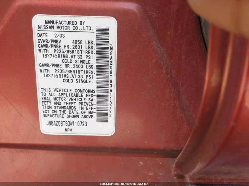 2003 Nissan Murano Sl VIN: JN8AZ08T93W110723 Lot: 44841383