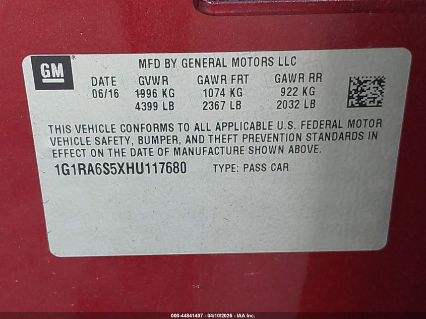 2017 Chevrolet Volt Lt VIN: 1G1RA6S5XHU117680 Lot: 44841407