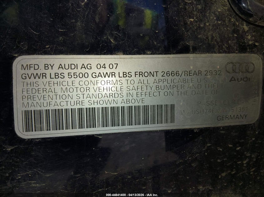 2007 Audi A6 3.2 Avant VIN: WAUSH74FX7N151351 Lot: 44841408