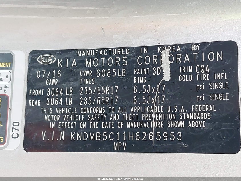 2017 Kia Sedona Lx VIN: KNDMB5C11H6265953 Lot: 44841421