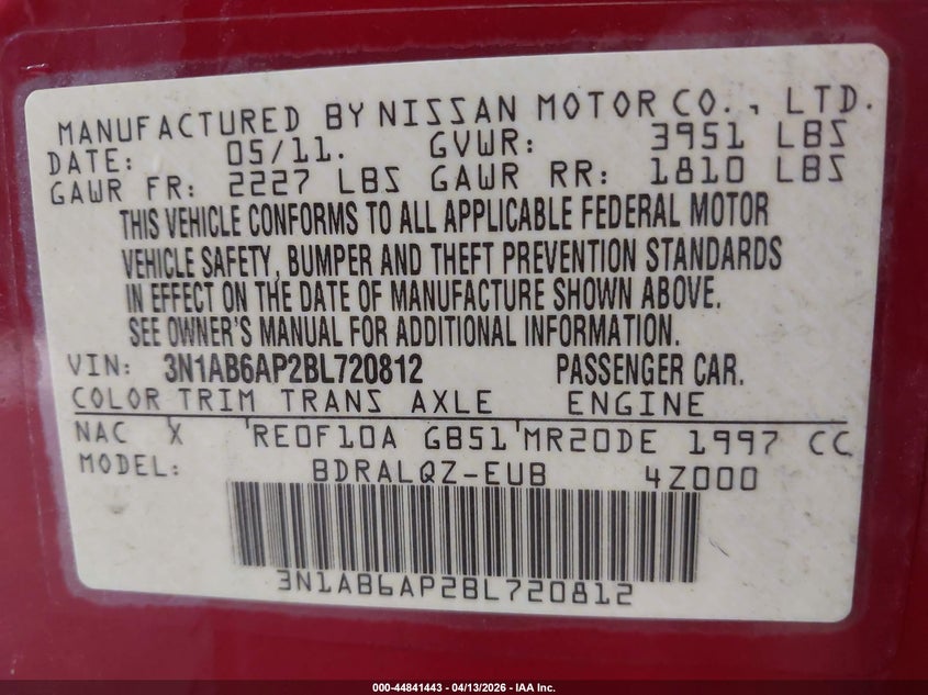 2011 Nissan Sentra 2.0 VIN: 3N1AB6AP2BL720812 Lot: 44841443