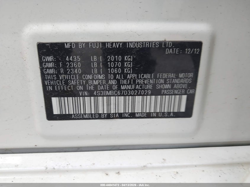2013 Subaru Legacy 2.5I Premium VIN: 4S3BMBC67D3027029 Lot: 44841472