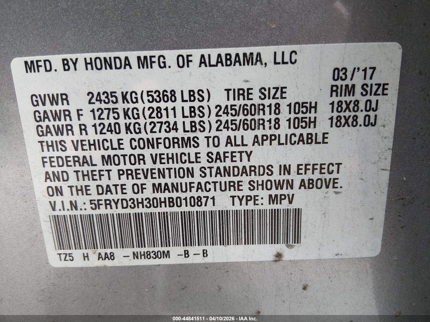 2017 Acura Mdx VIN: 5FRYD3H30HB010871 Lot: 44841511