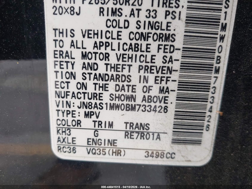 2011 Infiniti Fx35 VIN: JN8AS1MW0BM733426 Lot: 44841515