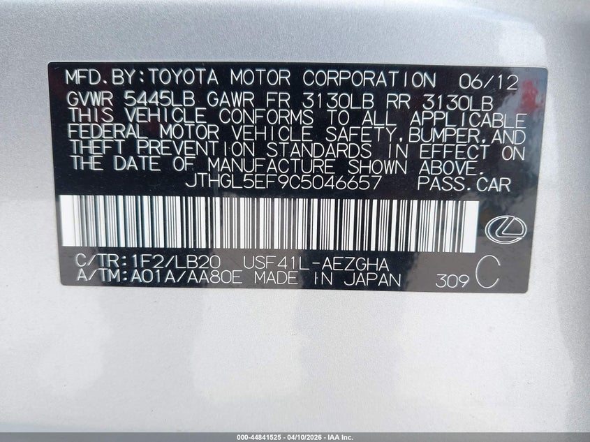 2012 Lexus Ls 460 L VIN: JTHGL5EF9C5046657 Lot: 44841525