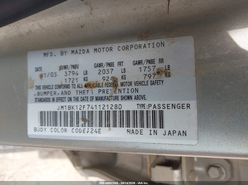 2004 Mazda Mazda3 I VIN: JM1BK12F741121280 Lot: 44841545