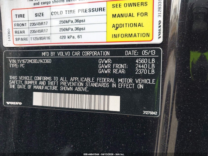 2013 Volvo C70 T5 VIN: YV1672MC8DJ143360 Lot: 44841544