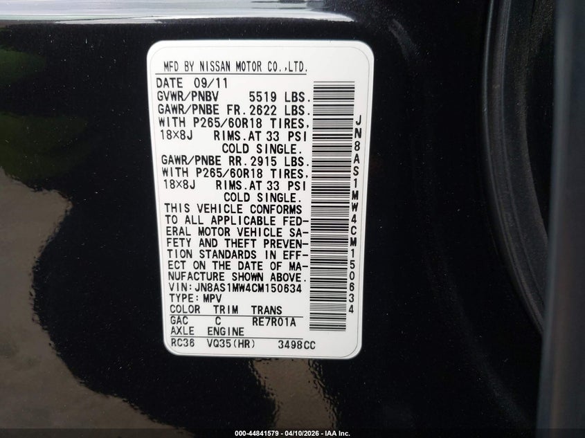 2012 Infiniti Fx35 VIN: JN8AS1MW4CM150634 Lot: 44841579