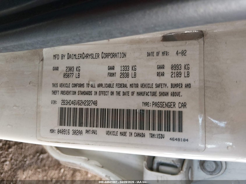 2002 Dodge Intrepid Se VIN: 2B3HD46V62H232748 Lot: 44841587