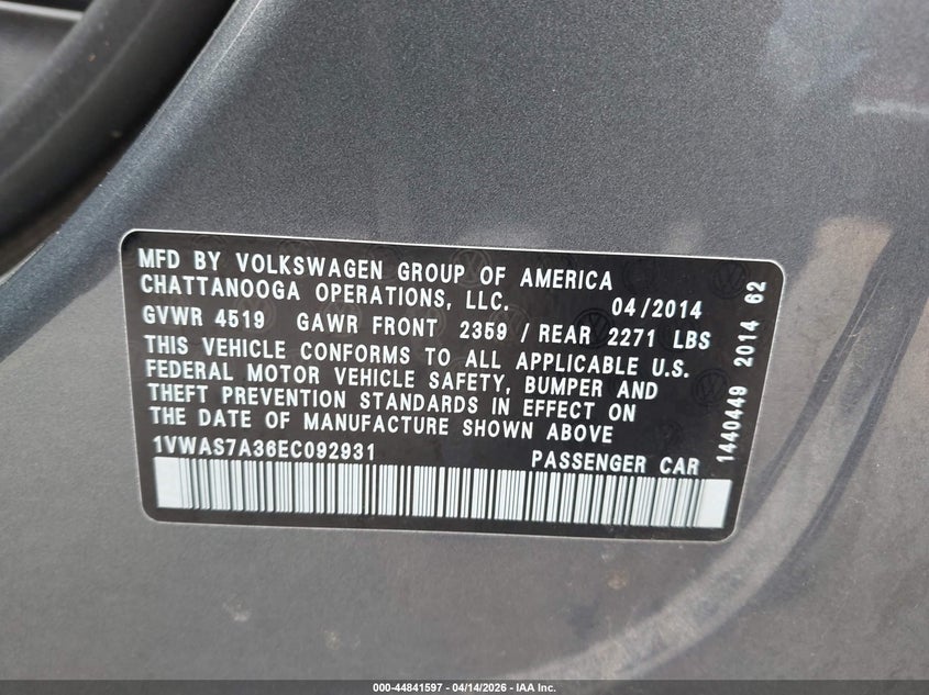 2014 Volkswagen Passat 1.8T Wolfsburg Edition VIN: 1VWAS7A36EC092931 Lot: 44841597
