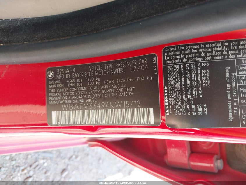 2004 BMW 325I VIN: WBAEV33494KW15712 Lot: 44841611
