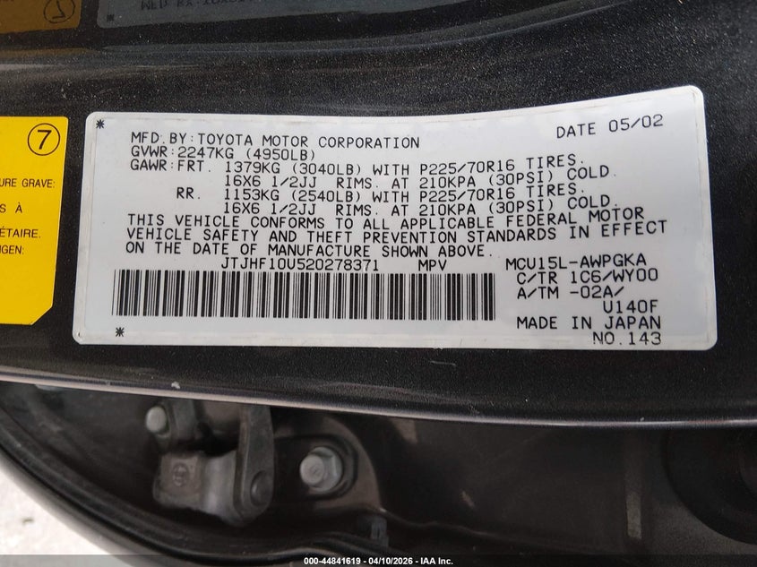 2002 Lexus Rx 300 VIN: JTJHF10U520278371 Lot: 44841619