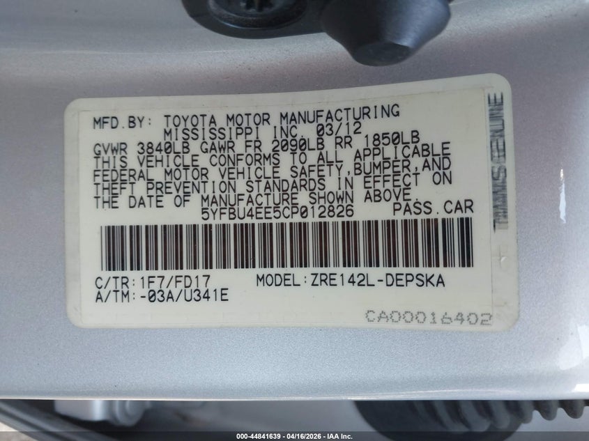 2012 Toyota Corolla 1.8 S silver Lot 111044841639 Vin 5YFBU4EE5CP012826