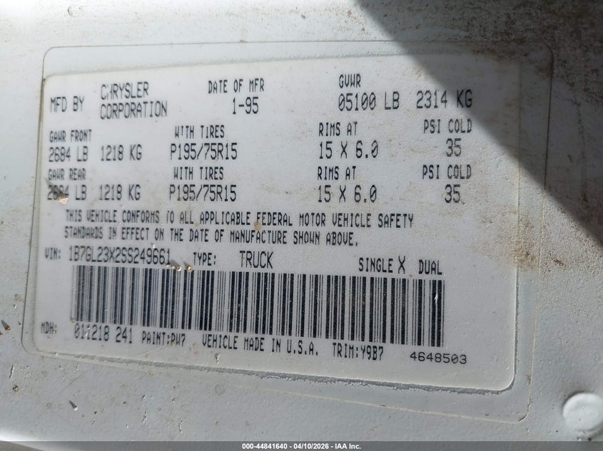 1995 Dodge Dakota VIN: 1B7GL23X2SS249661 Lot: 44841640