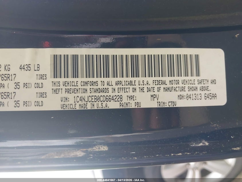 2012 Jeep Compass Latitude VIN: 1C4NJCEB0CD664228 Lot: 44841667