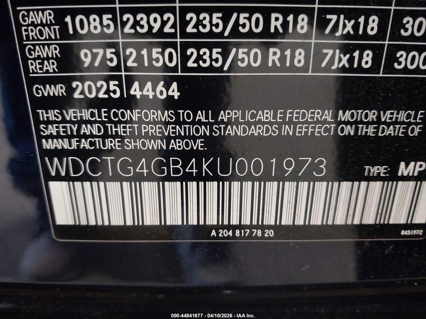 2019 Mercedes-Benz Gla 250 4Matic VIN: WDCTG4GB4KU001973 Lot: 44841677
