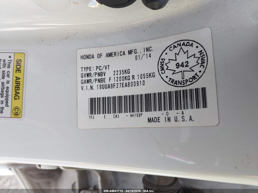 2014 Acura Tl 3.7 VIN: 19UUA9F27EA800910 Lot: 44841710