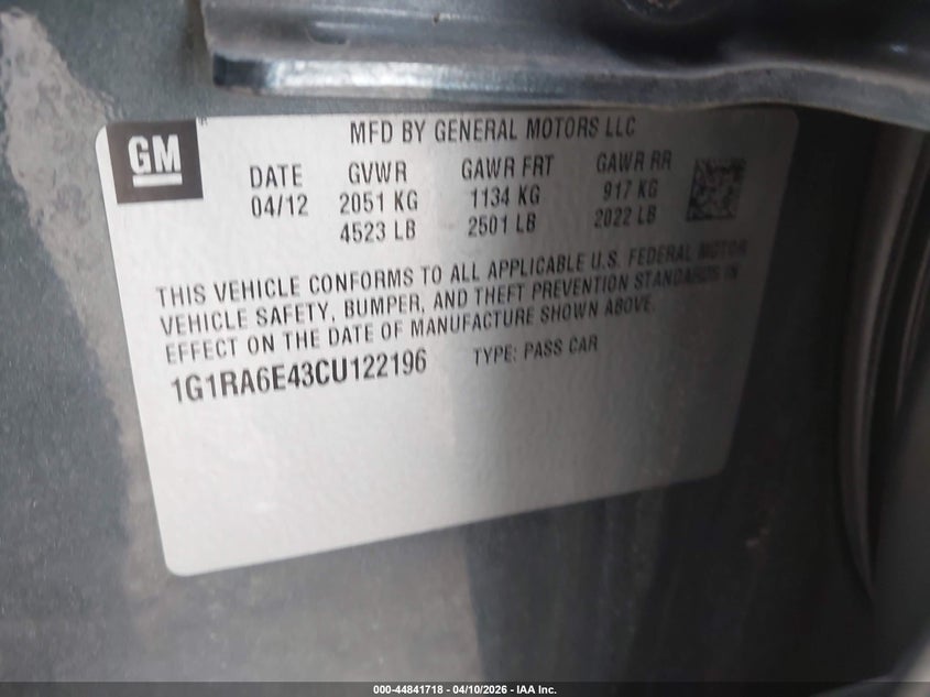 2012 Chevrolet Volt VIN: 1G1RA6E43CU122196 Lot: 44841718