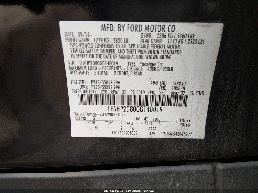 2016 Ford Taurus 3.5 Se black Lot 111044841724 Vin 1FAHP2D80GG148019